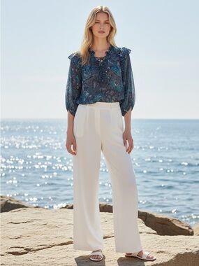 By Anthropologie Haida Floral Ruffle Peasant Blouse in Blue/Teal Size XS
